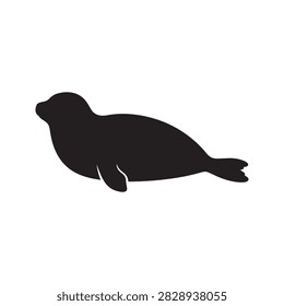 A high-contrast black vector silhouette of a harbor seal lying down. This clean graphic illustration represents marine life, arctic animals, and aquatic nature in a simple, modern style.