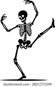A high-contrast black vector silhouette of a human skeleton in a joyful dancing pose. This graphic element is ideal for Halloween marketing, spooky event flyers, and Dia de los Muertos celebrations.