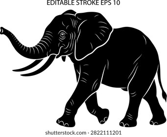 A highcontrast black vector silhouette of a large African elephant walking with its trunk raised against a white background