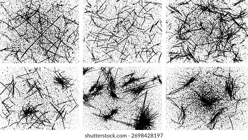 Um fundo abstrato de alto contraste, preto e branco composto de seis painéis quadrados distintos, cada um preenchido com uma distribuição densa de arranhões finos, manchas e linhas irregulares.