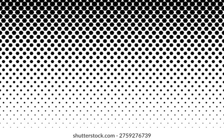 A high-contrast black and white abstract background featuring a halftone gradient effect created with hexagonal shapes. The pattern transitions from large, dense black hexagons at the top to small, sparse dots at the bottom, creating a sense of depth and movement. Ideal for modern graphic design, web backgrounds, and print media.