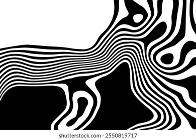 Un patrón abstracto en blanco y negro de alto contraste con líneas sinuosas y fluidas que crean una ilusión óptica dinámica. Las líneas se tuercen y giran, formando remolinos y bucles de grosor variable