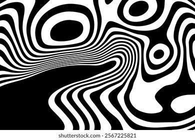 A high-contrast, black and white abstract pattern with sinuous, flowing lines creating a dynamic optical illusion.The lines twist and turn, forming swirls and loops of varying thickness