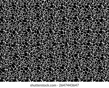 a high-contrast black and white abstract pattern resembling animal print or a cracked surface.