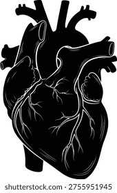 A high-contrast, black and white artistic illustration of an anatomical human heart. The design features a solid black silhouette with white line-work detailing the coronary arteries, veins, chambers, and major blood vessels including the aorta and vena cava, presented against a plain white background.