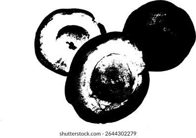 Fatias de abacate preto e branco de alto contraste em estilo de tinta grunge, ideal para design de alimentos orgânicos, cartazes de nutrição minimalista ou visuais de marca vegan cru.