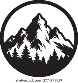 A high-contrast black and white circular emblem featuring a jagged mountain peak rising above a dense pine forest perfect for outdoor and adventure themes.