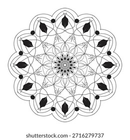 A high-contrast, black and white circular mandala featuring intricate radial symmetry.