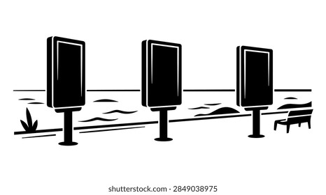 A high-contrast black and white flat vector illustration featuring three blank vertical advertising billboards standing in a row along a coastal promenade or boardwalk. The background includes simplified ocean waves, a horizon line, a wooden park bench, and minimal foliage. Ideal for mockups, marketing concepts, and urban outdoor advertising design themes.