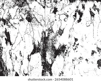 Uma textura grunge preto e branco de alto contraste com uma superfície angustiada e rachada com padrões abstratos de splatter, apresentada como uma silhueta em um fundo transparente.