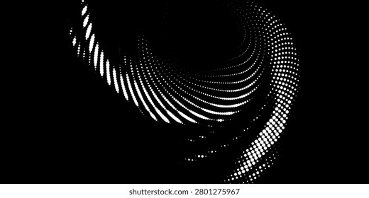 High-contrast black and white halftone spiral forming a dynamic dotted vortex and flowing swirl pattern. Minimal, modern abstract graphic ideal for backgrounds, technology, motion design, digital art, and visual effects projects.