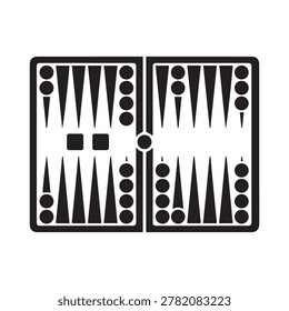 A high-contrast black and white illustration of a backgammon board displaying pieces in an active game state. The board features triangular and square points with black and white checkers, including t.