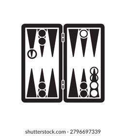A high-contrast black and white illustration of a backgammon board showing two halves with opposing players' pieces. The board features triangular points and six bars with circular checkers in various.