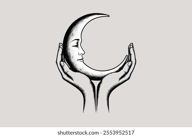 high-contrast black and white illustration of a crescent moon