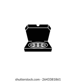 A high-contrast black and white illustration shows an opened pizza box revealing a pizza with round toppings, set against a plain white backdrop.
