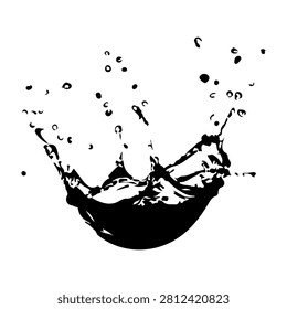 A high-contrast black and white image capturing a splash of water with droplets and ripples in motion.