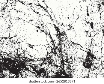 Uma imagem em preto e branco de alto contraste com um padrão texturizado abstrato. O estilo silhueta mostra manchas orgânicas, rachaduras e detalhes manchados em um fundo plano.