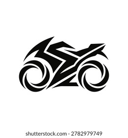 High-contrast black and white motorcycle logo design featuring stylized lettering and dynamic wheel patterns for branding or corporate identity