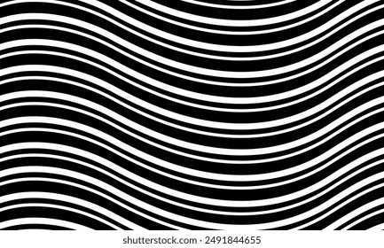 High-contrast black and white optical illusion consisting of wavy lines that create a dynamic sense of movement, repetitive patterns.