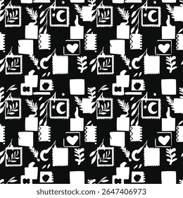 Um padrão sem emenda de alto contraste, preto e branco com selos de estilo lino, luas e folhas. Este design gráfico arrojado com motivos esculpidos à mão é ideal para têxteis e embalagens