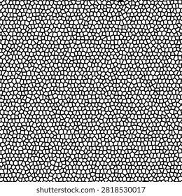 A high-contrast black and white seamless pattern featuring a dense, organic mosaic of irregular pebble-like shapes, creating a textured, abstract, and modern graphic background design.