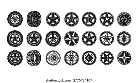High-contrast black and white set of various car tire tread patterns, isolated on white background. Ideal for automotive marketing, vehicle safety campaigns, tire manufacturing, engineering projects, and graphic design templates.