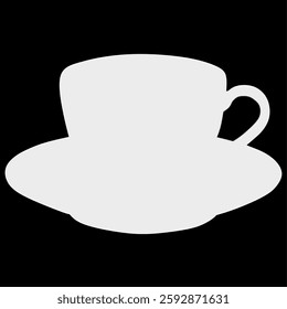 High-contrast black and white silhouette of a coffee cup placed on a saucer. Ideal for design elements, icons, and minimalist artwork.