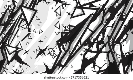 High-contrast black and white vector background featuring sharp jagged shards and dynamic geometric patterns. Perfect for car wraps, streetwear apparel, gaming wallpapers, and edgy urban designs.