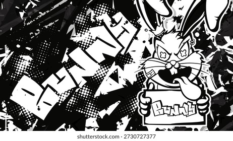 Fondo de Vector blanco y negro de alto contraste con un personaje de conejito rebelde con tipografía de graffiti. Perfecto para diseños de streetwear, carteles y proyectos de temática urbana. Esta ilustración de inspiración punk vanguardista utiliza texturas grunge.