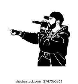 High-contrast black and white vector graphic of a male rapper performing. Featuring a bearded singer with a microphone, chains, and baseball cap in a powerful stencil art style.