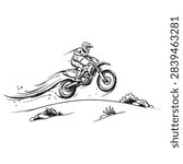 A high-contrast, black and white vector illustration showing a motocross rider in mid-air performing a jump. The design features dynamic speed lines and trailing dust effects. The rider is wearing full protective gear, including a helmet and boots, while navigating an off-road terrain with rocks and minimal vegetation. Ideal for apparel prints, decals, and sports-themed branding.