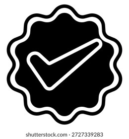 Uma ilustração vetorial em preto e branco de alto contraste de uma marca de seleção verificada definida em um emblema circular recortado.