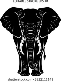 A highcontrast black and white vector illustration depicting the front view of a majestic African elephant with large ears