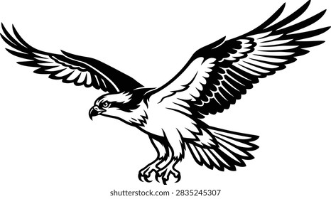 A high-contrast black and white vector illustration of an osprey bird of prey in flight with wings spread wide.