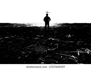 High-contrast black and white vector silhouette of a man standing alone on a rugged beach. Artistic monochromatic illustration of reflection, perfect for minimalist logos, stencils, and graphic prints.