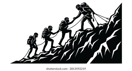 A high-contrast, black and white vector silhouette graphic depicting a team of four mountain climbers ascending a steep, rocky peak. The climbers are wearing helmets and backpacks, linked by a safety rope, and actively assisting one another to reach the summit. This minimalist design powerfully symbolizes teamwork, leadership, collaboration, strength, and overcoming challenges together. Perfect for motivational concepts, business leadership metaphors, and outdoor adventure themes.
#MountainClimbing #Teamwork #Leadership #Collaboration #Success #Silhouette #Vector #Motivation #Adventure #Climbing