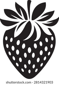 A high-contrast, black and white vector-style graphic of a single strawberry. The design features a solid black silhouette of the fruit body with a series of white oval cutouts representing the seeds, topped with a detailed stylized leaf structure in black against a white background.