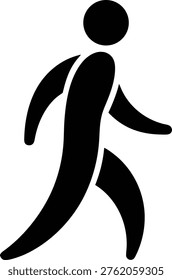 A high-contrast, black and white vector-style icon representing a human figure in motion, depicted as walking or briskly moving forward with limbs angled to suggest speed and activity.