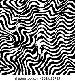 Padrão de vetor ondulado preto e branco de alto contraste apresentando linhas orgânicas fluidas em um layout hipnótico sem costura. Ideal para fundos, têxteis, embalagens e projetos de design digital
