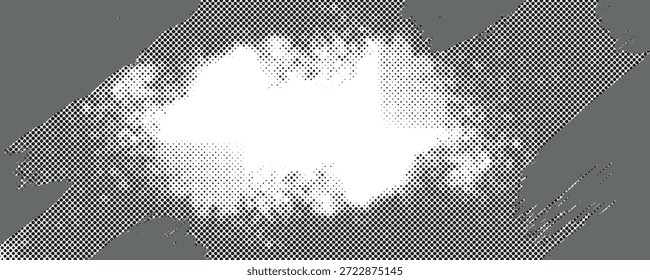 Fundo grunge preto-e-branco de alto contraste com densos pontos de meio-tom e traçados de pincel de tinta áspera. A área central é deixada limpa e brilhante, criando um espaço focal natural para texto, logotipos ou gráficos. A textura angustiada e o padrão de pontos em estilo cômico dão-lhe uma estética de impressão bruta, urbana e vintage.