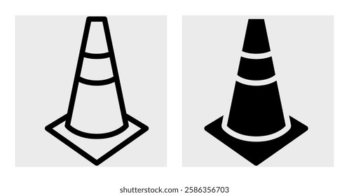 A high-contrast black-and-white icon of a traffic cone, symbolizing safety and construction zones. Provided in outline and solid styles, ideal for signage, infographics, and road safety-related design