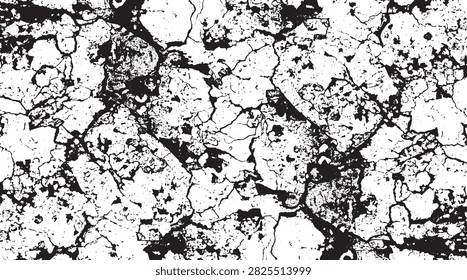 A high-contrast, black-and-white seamless texture featuring an intricate web of drought-stricken, cracked parched earth. The composition consists of a dense network of irregular, jagged bright black fractures sprawling across a clean, stark white background. These cracks vary in thickness, with deep, heavy, primary fissures creating large polygonal segments, which are further sub-divided by delicate, fine, hairline fractures. The surface is punctuated by scattered, rough-textured bright blotches and gritty distress spots that add organic depth and a weathered, decaying aesthetic. The lighting is completely flat and high-contrast, emphasizing the graphic, stencil-like quality of the patterns, resulting in a stark, minimalist, and textured mood suitable for backgrounds, distressed overlays, or artistic grit effects.