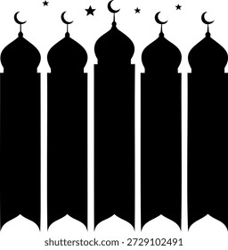 Uma coleção de alto contraste de cinco silhuetas de banner estilo mesquita preta, cada uma coberta com uma delicada lua crescente.