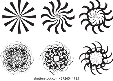 Uma coleção de alto contraste de seis projetos circulares dinâmicos com rajadas de sol radiais, vórtices giratórios e intrincados padrões de espirografia. Este conjunto inclui uma estrela afiada, espirais hipnóticas curvas e mandalas geométricas complexas sobrepostas semelhantes a rendas. Perfeito para arte de pôster psicodélico, projetos de ilusão óptica, marca de logotipo moderno, fundos decorativos ou elementos de IU meditativos. Silhuetas pretas sólidas sobre um fundo neutro.