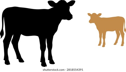 A high-contrast conceptual graphic featuring a black cow silhouette standing next to a smaller brown calf, representing farm animals, livestock, growth, and agricultural themes on a white background.