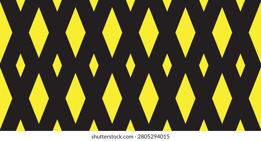 High-contrast geometric diamond pattern in black and bright yellow, creating a bold, repeating lattice ideal for seamless backgrounds, wallpaper, textiles, graphic design, packaging, and modern decor applications.