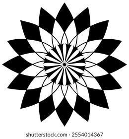 A high-contrast geometric mandala design with layered, pointed petals in black and white, forming a striking, radial symmetry perfect for decorative or artistic use.