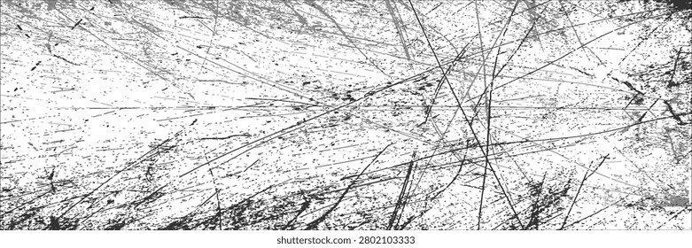 High-contrast grunge scratched texture background featuring scattered linear scratches, speckled distress marks and a worn vintage surface. Ideal for overlays, posters, web design, packaging, and industrial or abstract projects.