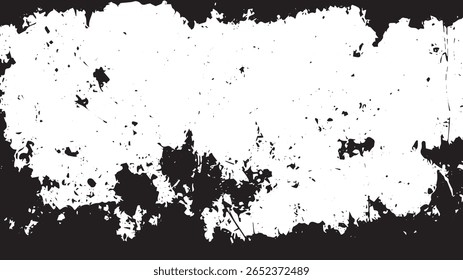 High-Contrast Grunge Texture Background with Distressed Edge and Ink Splatter Pattern. Black and White Overlay Design