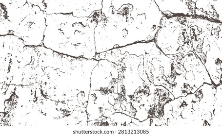 High-contrast grunge vector texture showing heavily cracked concrete and peeling paint effects. Distressed monochrome background element for abstract vintage and urban designs.